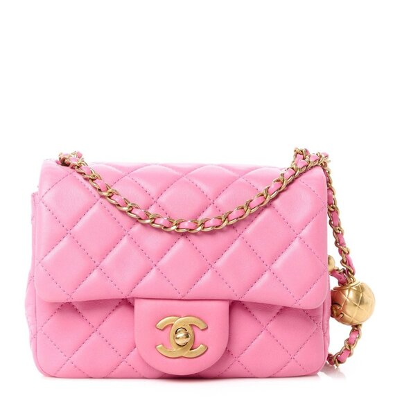 Authentic CHANEL Lambskin Quilted Mini Pearl Crush Flap Bag Chain Purse Pink - Picture 1 of 11